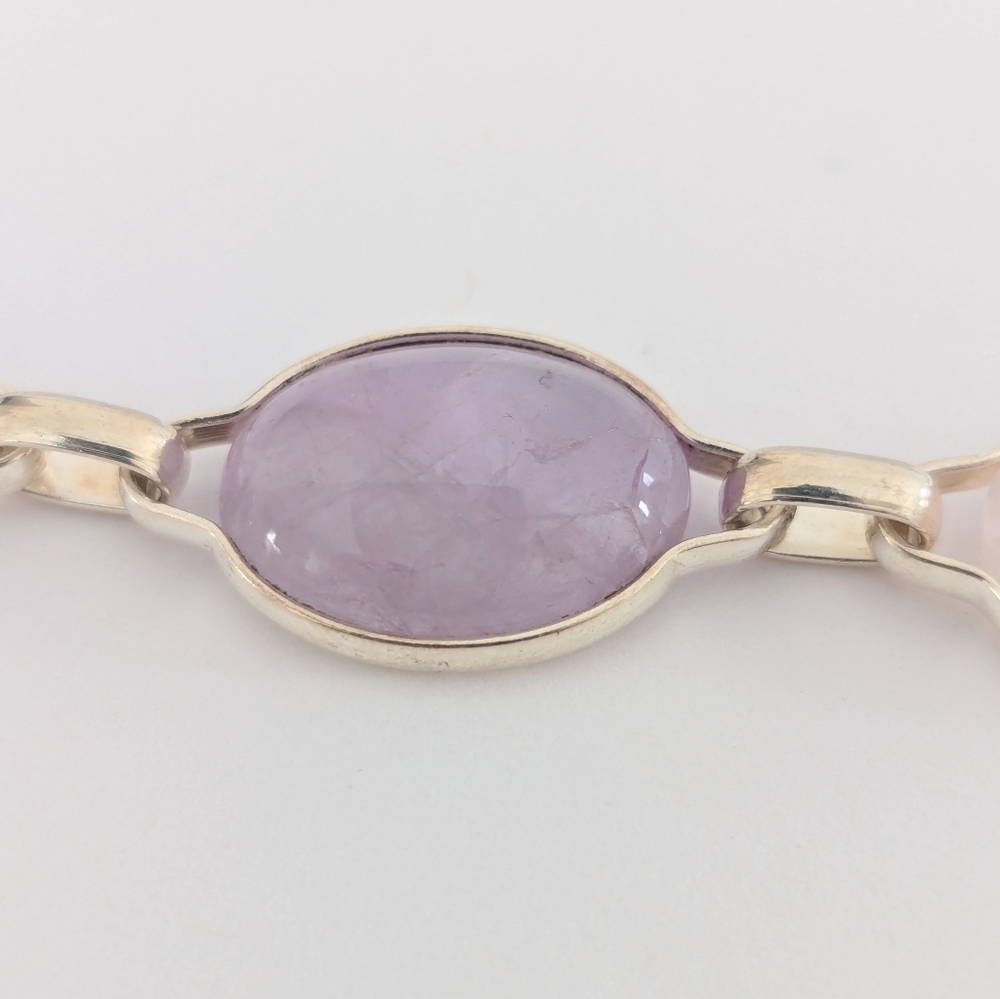 Vintage '90s Amethyst & Rose Quartz Cabochon Linked Sterling Silver Bracelet - Picture 5 of 15